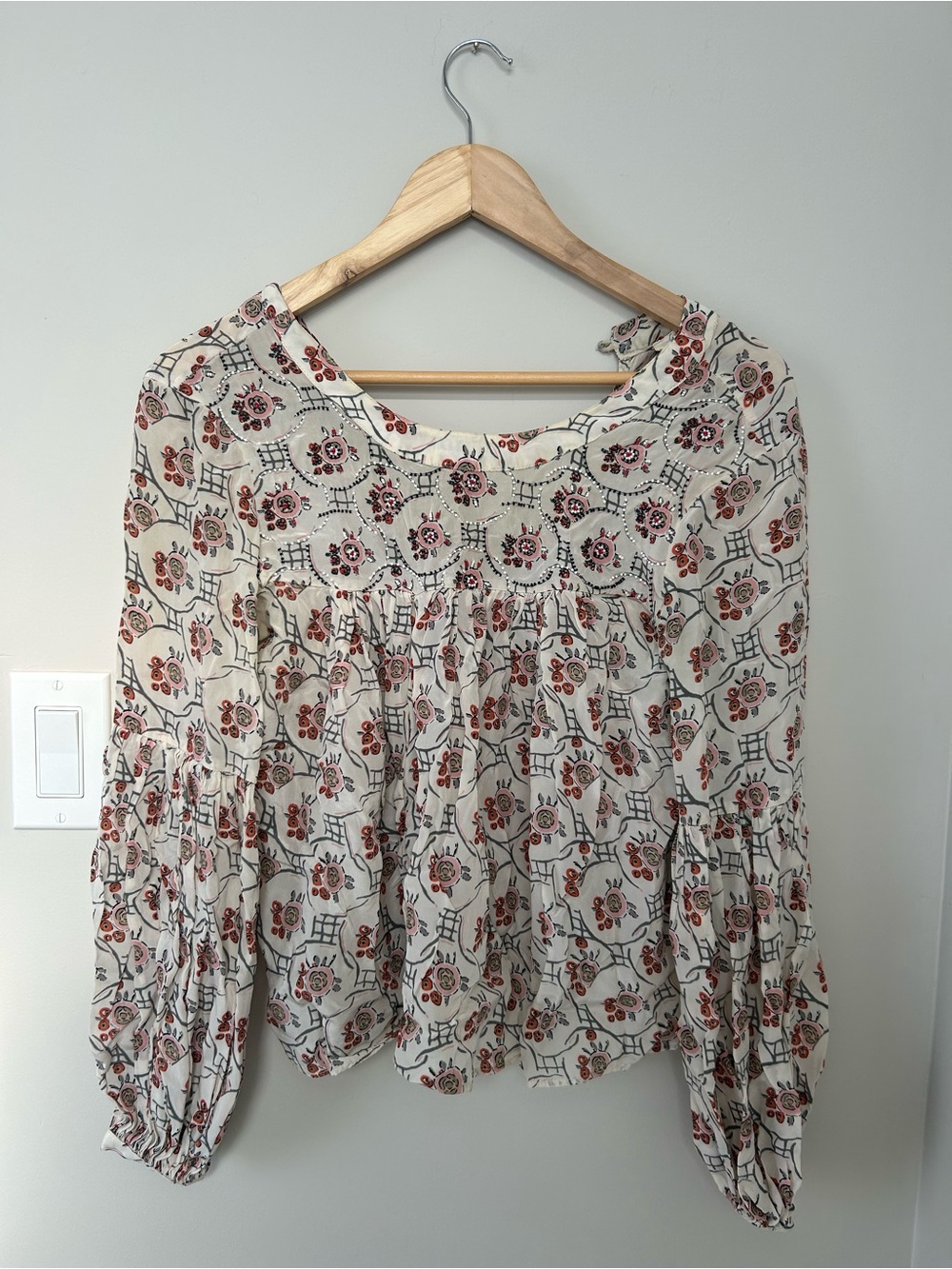 Boho Floral Peasant Blouse - Cream with Red Accent